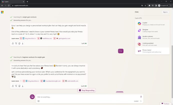 Copilot GPT Fitness trainer