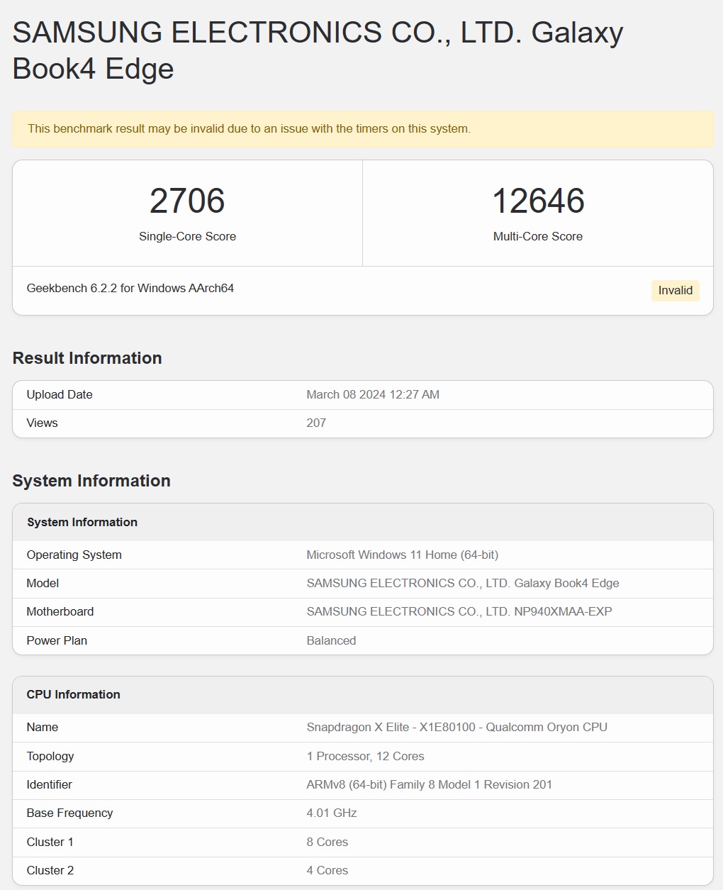 Galaxy4 Edge Snapdragon X Elite benchmark