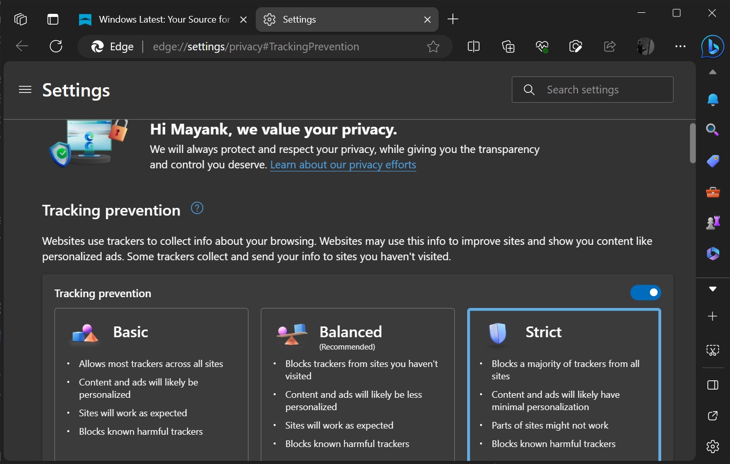 Microsoft Edge tracking protection